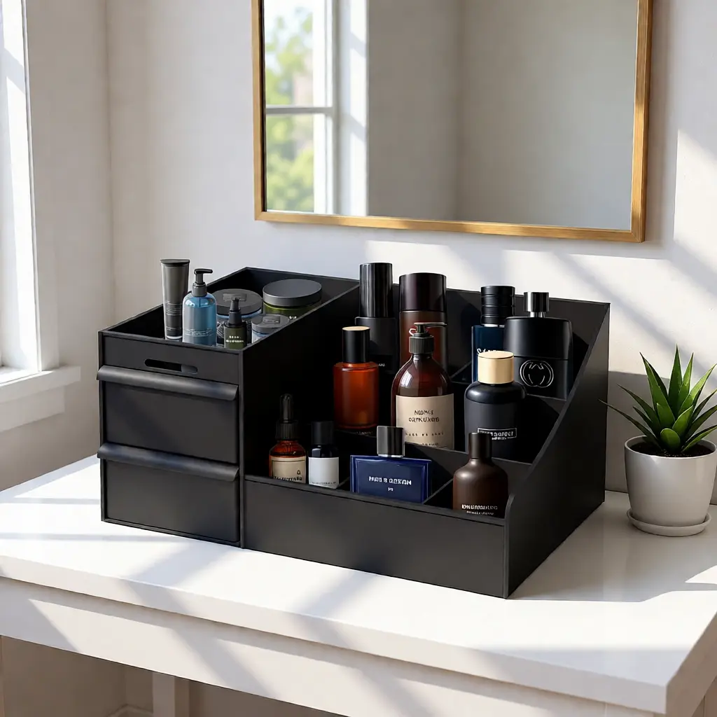Black Plastic Modern Sleek Cologne Holder - 7 Compartments, 2 Extra-Deep Drawers - Waterproof Washable Home Organizer - Vanity & Storage Organization Solution, Bathroom Accessory, Gift for Him (Christmas, Father’s Day)