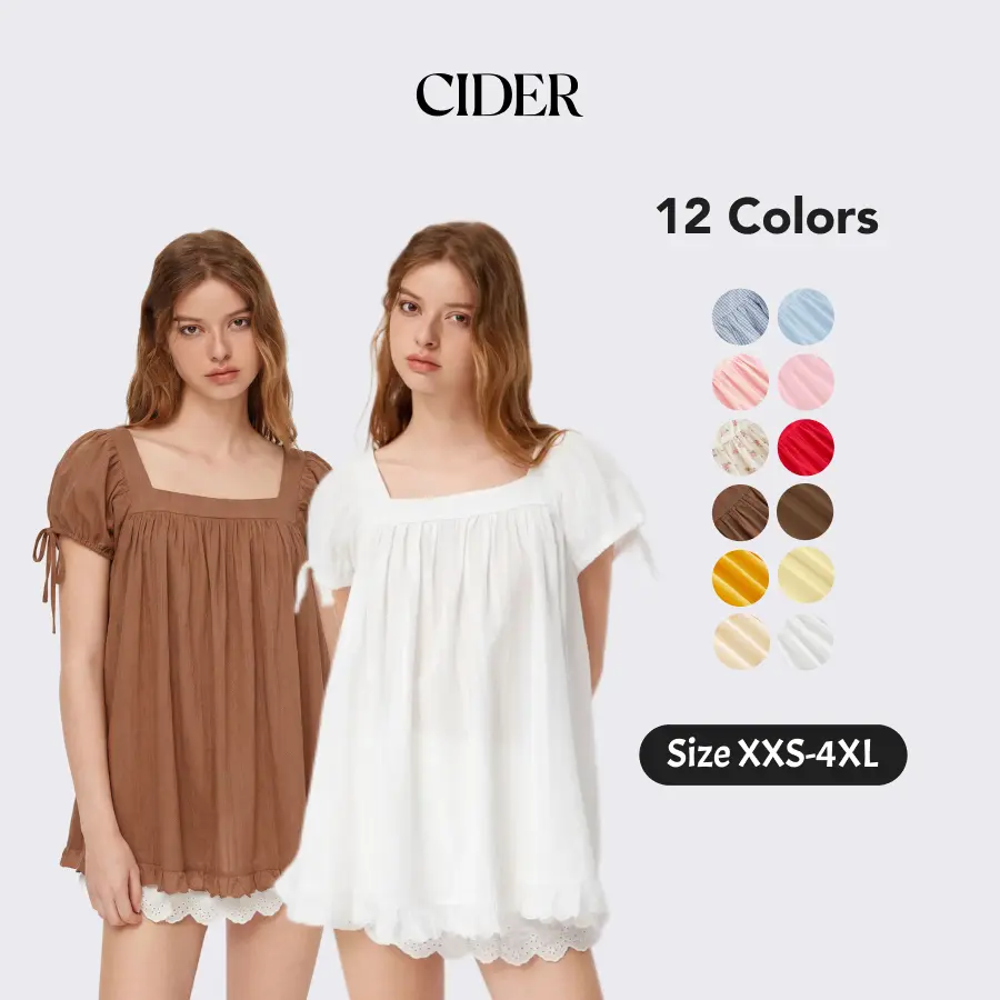 Cider Lady's Basic Solid Non-Stretch Shortsleeve Top, Cute Casual Square Neck with Ruffle Trim and Drawstring