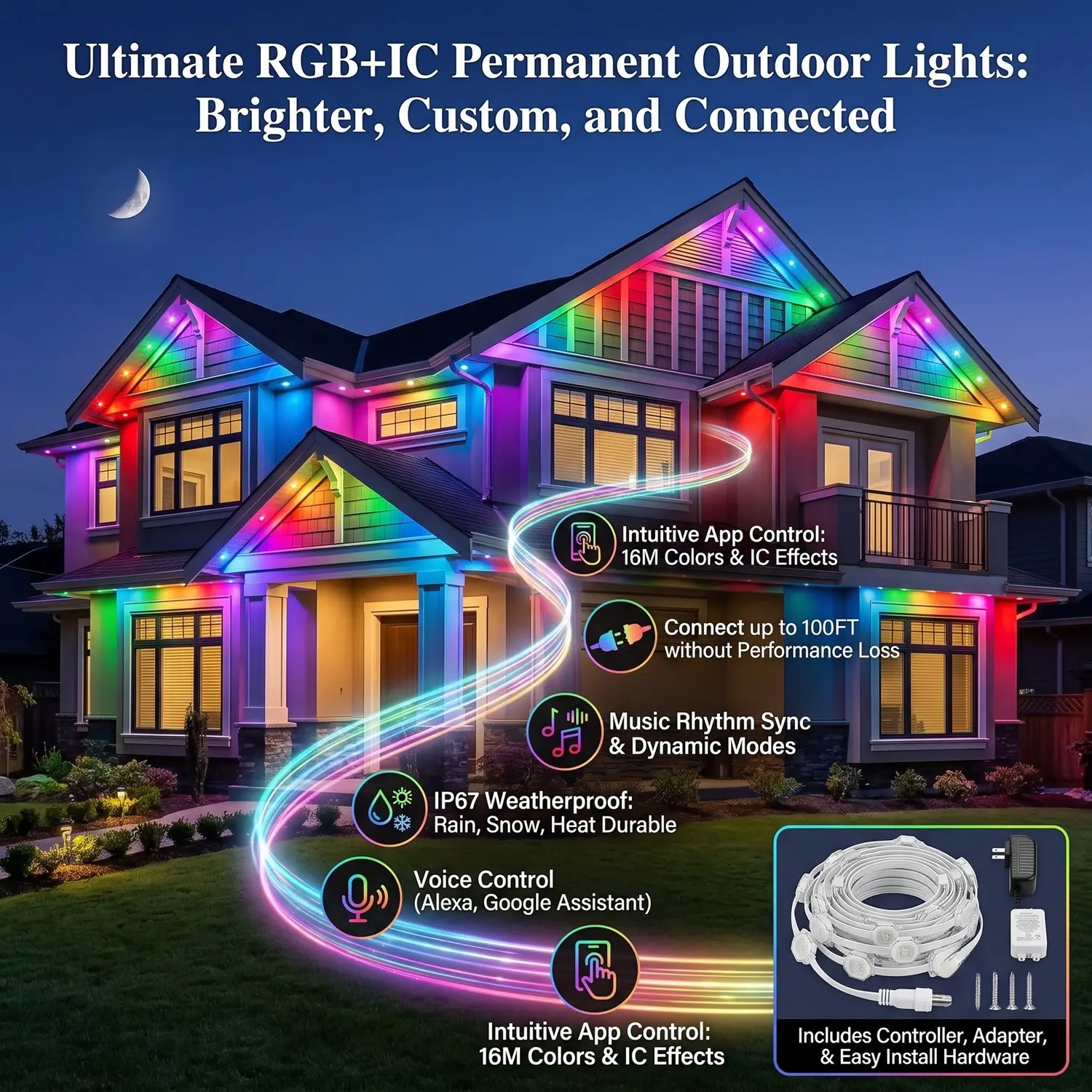 Permanent Outdoor Lights 100FT 60 RGBIC LEDs, Smart App & Remote Control Eave Lights, IP67 Waterproof Soffit Lighting for Christmas Holiday Decoration, Works with Alexa & Google