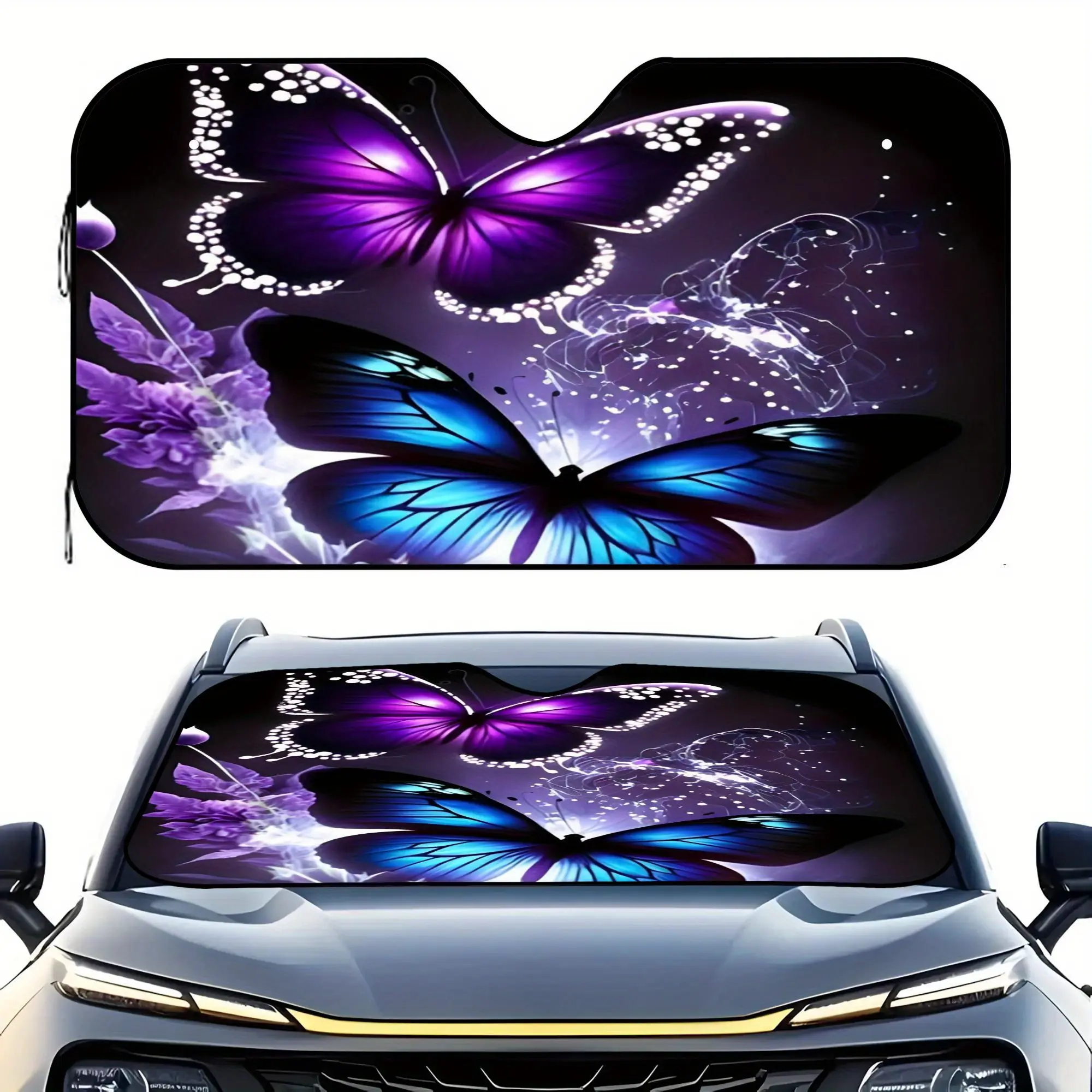 1pc Fit Car Sunshade Windshield Cover with Purple Blue Butterflies Design - Heat-Insulating UV Protection, Windshield Cover for Parking, Sunshade For Car Outside, Car Sunshades For Windshield, UV Protective Sunshade, Automotive Glass Sunshade