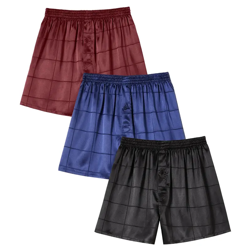JupiterSecret 3-Pack Men's Premium Satin Plaid Boxer Shorts Underwear, Smooth Glossy Texture, Lightweight Relaxed Fit, Button Fly and Wide Elastic Waistband