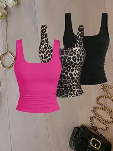Korean Style Simple Square Neck Slim Fit Tank Top, Slimming Versatile Multi-Color Three-Piece Set, Fashionable Upper Garment
