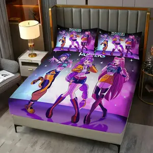 3Pcs KPOP DEMON HUNTERS Fitted Sheet Set, Vibrant K-Pop Inspired Bedding with Colorful Characters, Soft and Durable Fabric, for Anime and K-Pop Fans to Create a Magical Bedroom Vibe, Lncludes 1 Fitted Sheet, With 2 Coreless Pillowcases, Bed Sheet Sets