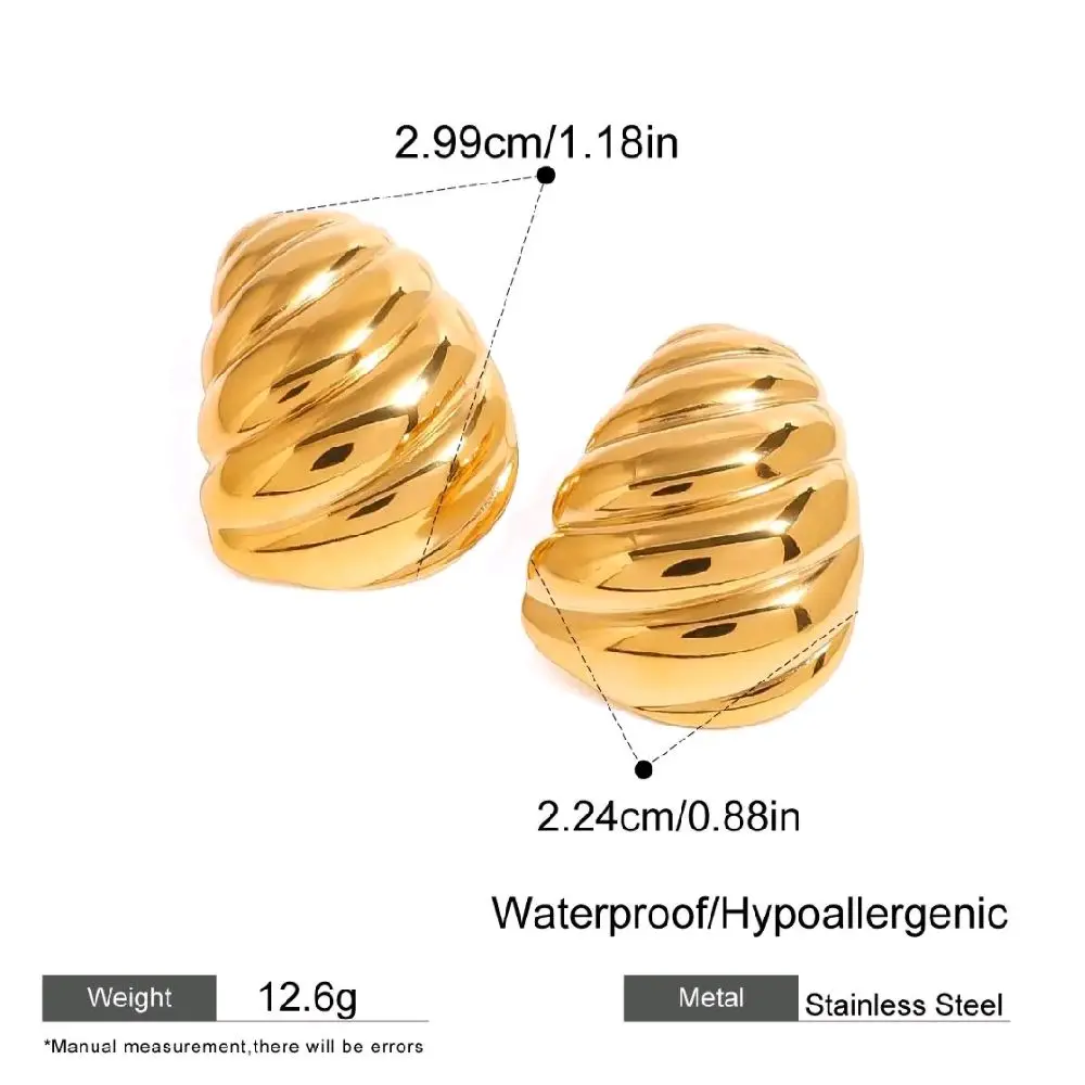 18k Gold Plated Twist Wrinkle Stud Earrings Fashion Jewelry Waterproof Hypoallergenic Stainless Steel 2.99cm Length 12.6g Weight