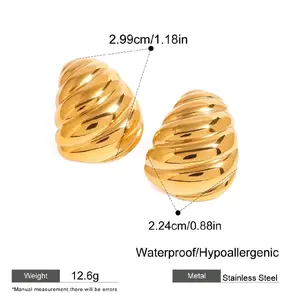 18k Gold Plated Twist Wrinkle Stud Earrings Fashion Jewelry Waterproof Hypoallergenic Stainless Steel 2.99cm Length 12.6g Weight