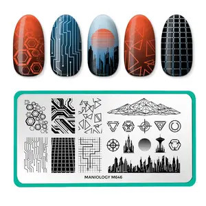 Maniology M646 End of Line Nail Stamping Plate with Neon Circuit Lines & Retro-Futuristic Motifs for Bold High-Tech Nail Art