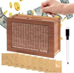 Piggy Bank for Adults Kids, Wooden Coin Bank for Boys and Girls, Cash Vault Money Saving Box with Counter $10000 Savings Challenge Money Box with Money Target and Numbers (Brown $10000)