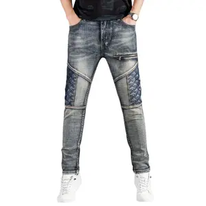 Slim Fit Denim Jeans with Textured Embellished Patchwork & Zipper Accents - Trendy Bold Choice for Casual Urban Style
