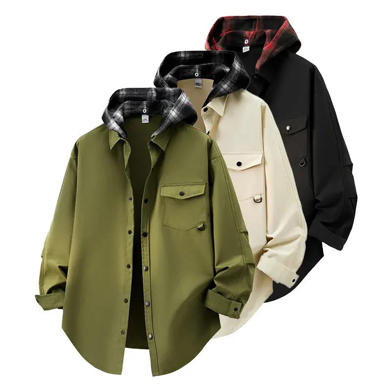 Men's Detachable Plaid Hooded Oversized Long-Sleeve Polyester Shirt Jacket - Autumn Menswear Top, Unisex Versatile Casual Button Outerwear for Daily Outfits, Tops, Longsleeves
