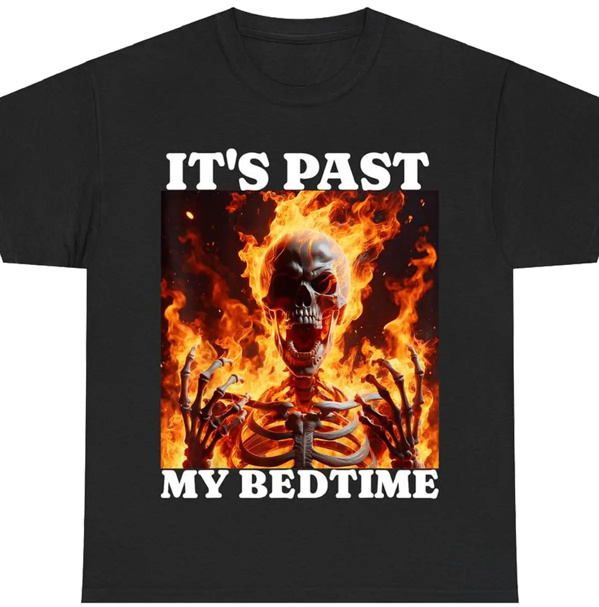 Oversize T-Shirt with "It's Past My Bedtime" Funny Skeleton Graphic Print, Unisex Casual 100% Cotton Streetwear