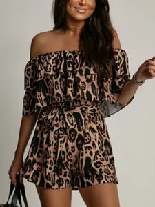 Must-Have Leopard Print Women Jumpsuit with Off-Shoulder Design, Ruffled Layers for a Chic Look, Sweet and Cool Style for Every Occasion