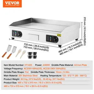 VEVOR Commercial Electric Griddle, 4400W Countertop Flat Top Grill, 122-572 Adjustable Temp, 28.74x 15.75x 0.39in Stainless Steel Griddle Grill with 2 Shovels, for Home or Restaurant(No Plug)