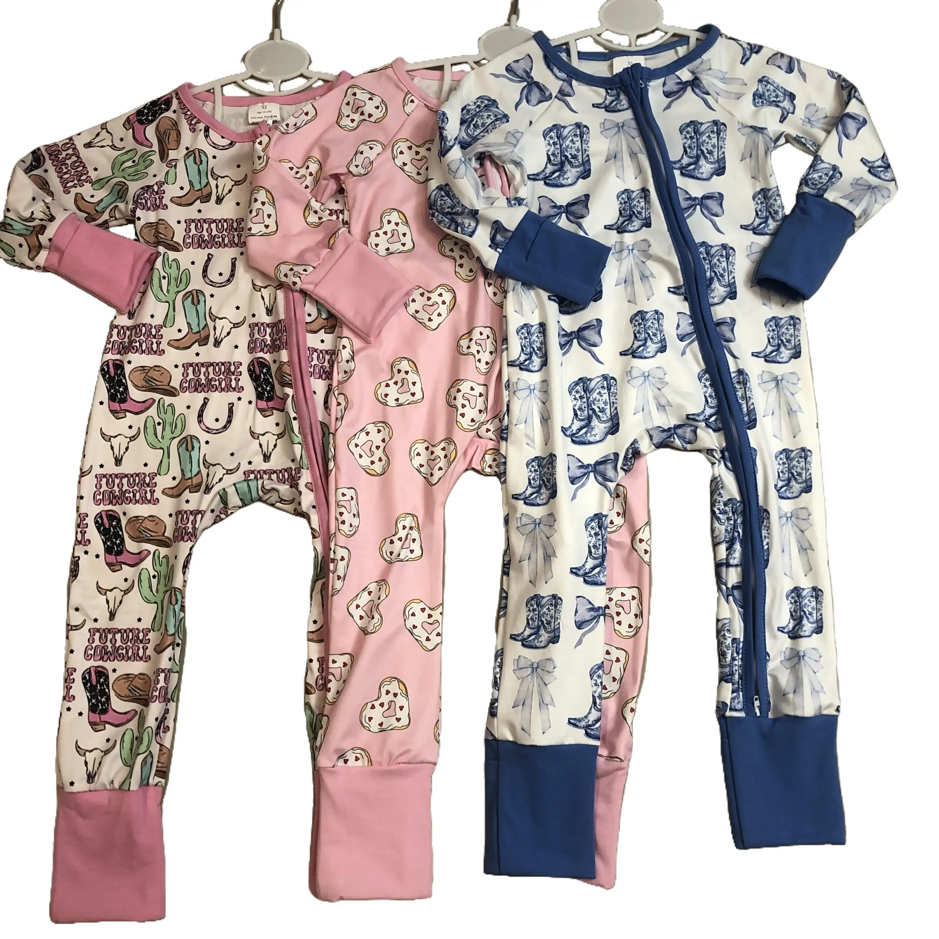 Cow Print Footie Romper for Baby Girls with Headband, Western Style Long Sleeve Ruffle Zip-Up Cotton Jumpsuit, Newborn Outfit, Newborn Outfits