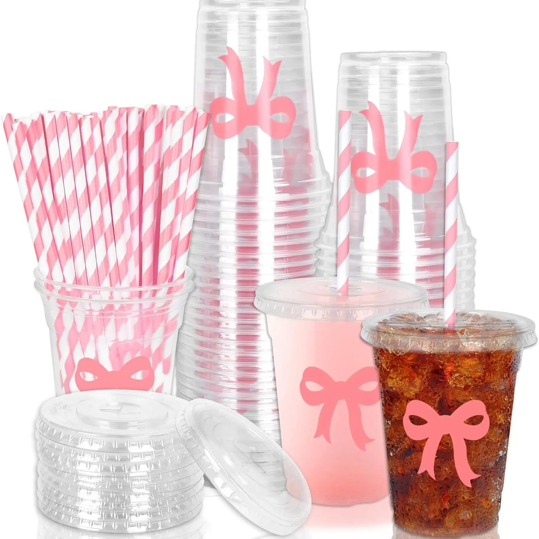 50-Pc Pink Bow Print Disposable Plastic Cup Set, 12 Oz Cold Beverage Cups with Lids and Straws for Birthday, Wedding Party Supplies (Home & Festive Disposable Tableware)