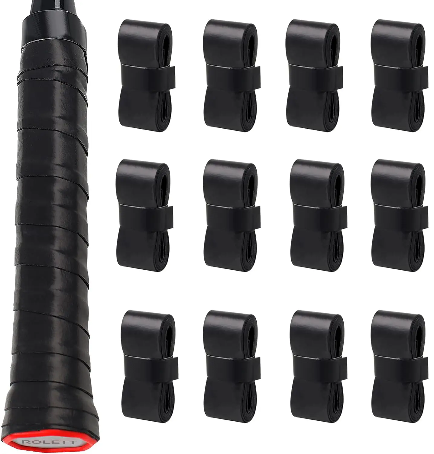 12-Pack Cushion Tennis Racquet Grip Tape Set, Pre-Cut Anti-Slip PU Material, Absorbent Dry Feel, Grips Overgrip for Tennis Pickleball, Easy Application, Black, 47.3in x 0.94in x 0.03in, Cushion Tennis Racquet Grips, Grips Overgrip Tennis Racquet
