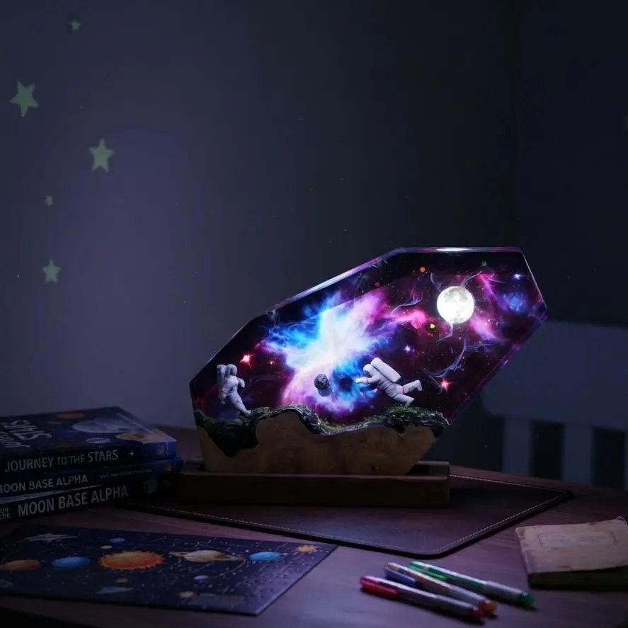 Handcrafted Epoxy Resin Wood Dual Astronauts Night Light Space Exploration Galaxy Universe Art Lamp with Remote Control USB Powered Unique Cosmic Home Decor Bedroom Aesthetic Desk Light Collectible Gift for Space Lovers and Kids