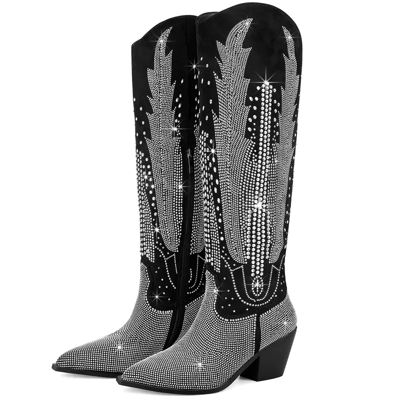 RONILURN Women's Knee High Western Cowboy Boots - Rhinestone Bling, Pointed Toe, Chunky Heel, Pull-On Footwear with Zip, Casual Rubber-Soled, Black Fashion Shoes for Women, Cowgirl and Outlaw Style, All Seasons Back to School Footwear,outdoorfun