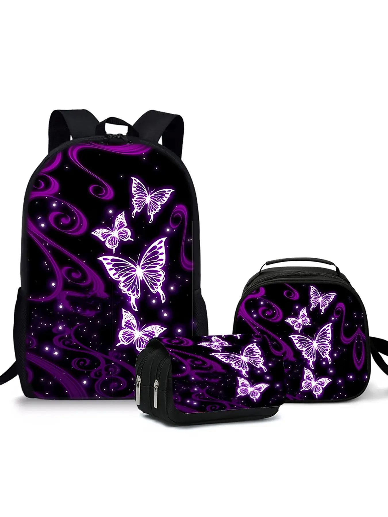 17-inch purple butterfly pattern printed backpack three-piece set (single-layer backpack + shoulder strap round lunch bag + flip-top pencil case) School Backpack Trendy Backpack Backpack For School Artsy Bag