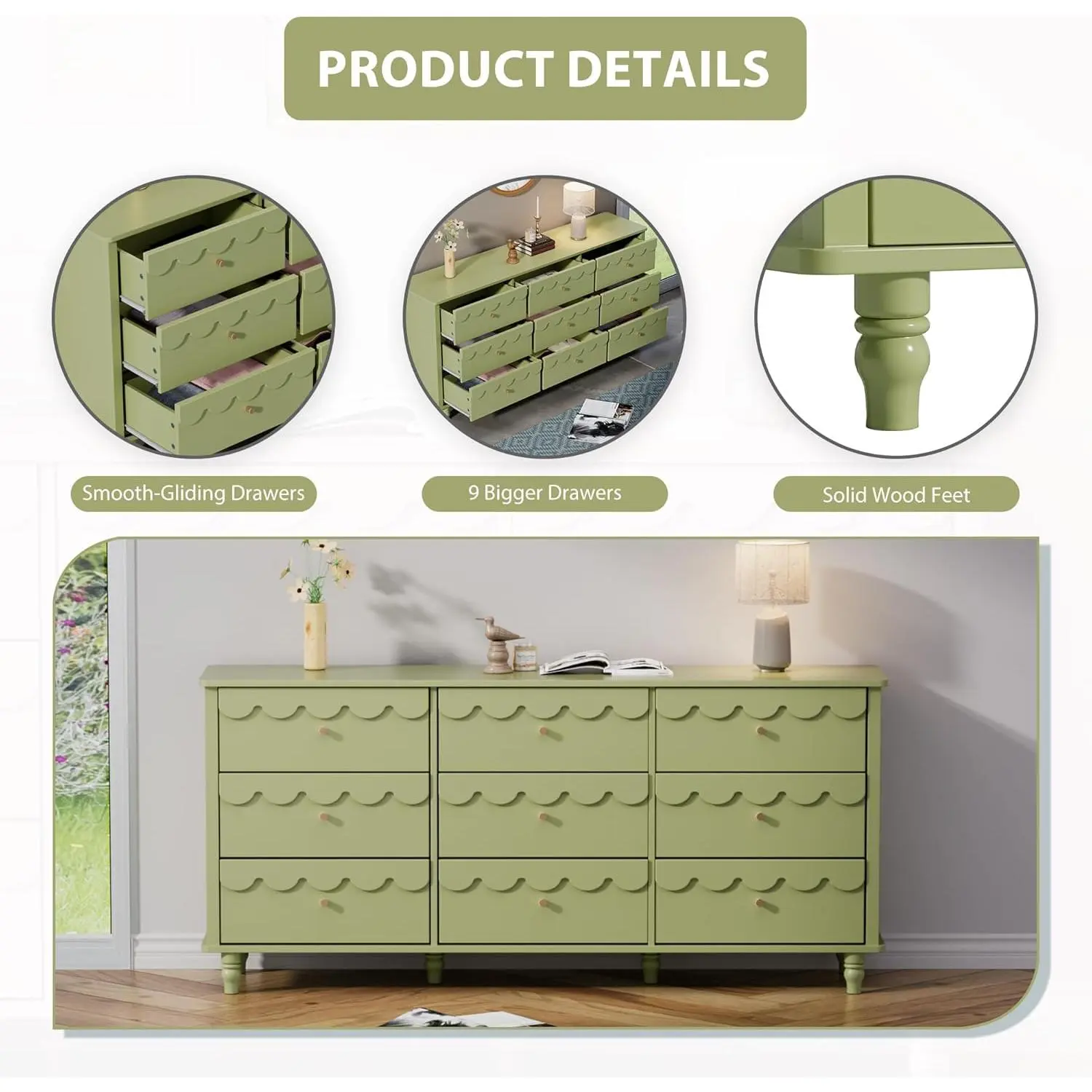 Anbuy 9 Drawer Dresser for Bedroom Green, Long Scalloped Chest of Drawers, Modern Wide Organizer Storage with Drawers, Fluted Petal Pattern Large Storage Cabinet, Living Room, Porch - TikTok Shop Anbuy 9 Drawer Dresser for Bedroom Green, Long Scalloped Chest of Drawers, Modern Wide Organizer Storage with Drawers, Fluted Petal Pattern Large Storage Cabinet, Living Room, Porch - TikTok Shop