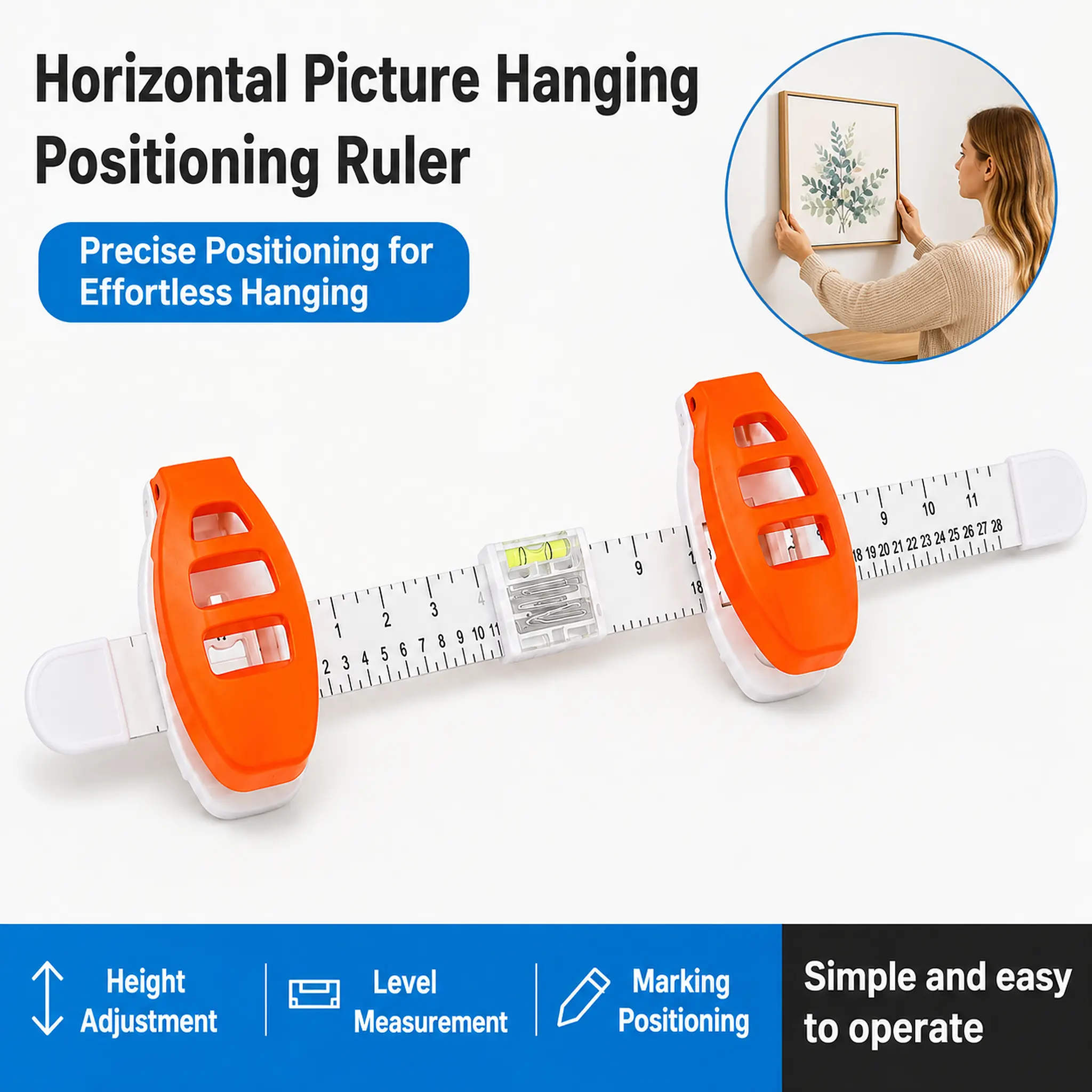 3-in-1 Household Picture Hanging Tool - Built-In Level, Precision Alignment Ruler, Durable Lightweight ABS DIY Home Decor Hanger for Frames, Mirrors, Wall Mount on Most Common Surfaces (Home & Party Gift Supplies)