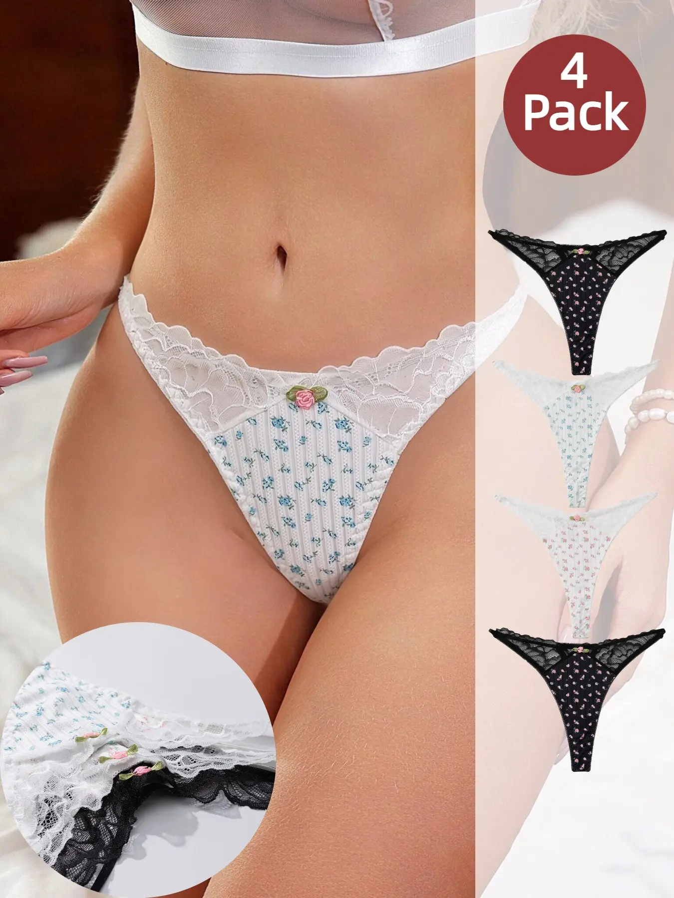 Elegant Lace Thong Underwear for Women, Sexy Ditsy Floral Print, Comfortable Breathable Invisible Stretch, All Seasons, 4 Pcs Set