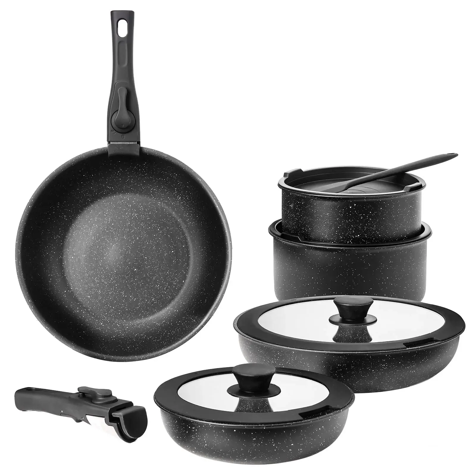 12pcs Non-Stick Cookware Set, Pots and Pans Set with Spatula and Detachable Handle for Kitchen