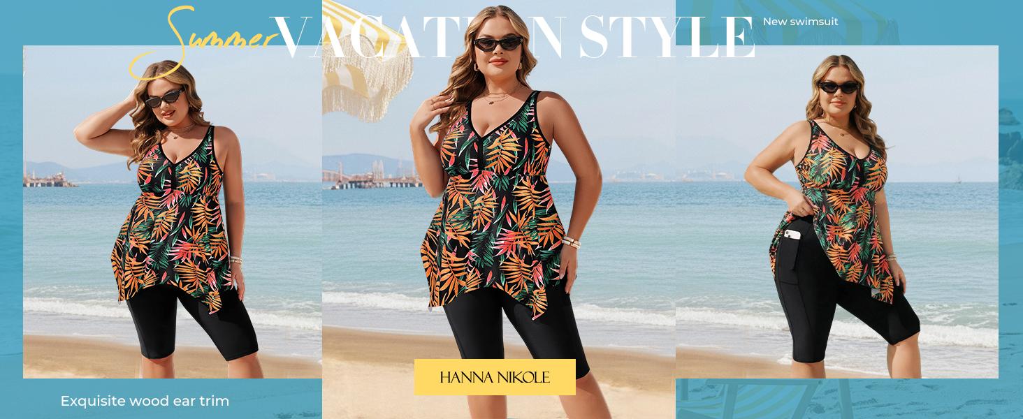Hanna Nikole Women Plus Size Tankini Swimsuit 2 Piece Bathing Suits with Pockets Flowy Rash Guard Swimwear with Capris Shorts
