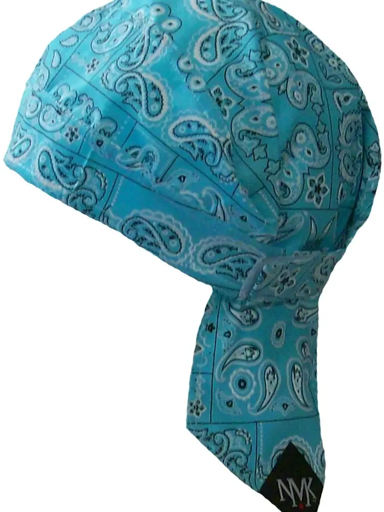 Paisley Aqua cotton Doo Rag NO SWEATBAND Velcro closure headwrap skull cap helmet liner durag