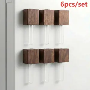 Mini Fridge Magnetic Wooden Flower Holder Set, Plastic Tube Included, Decorative Vase for Refrigerator, Kitchen, Window, Office, Home