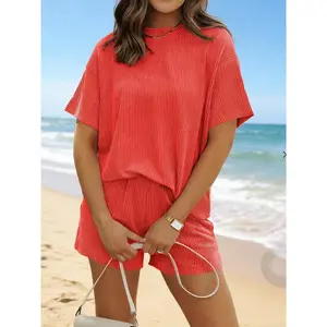 Women's Ribbed Textured Lounge Shorts Set - Short Sleeve Pajamas with Pockets - Mother's Day Gift