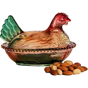 Vintage Chicken Shaped Glass Hen on Nest Candy Dish with Lid Decorative Pedestal Glass Bowl for Snacks Candy Cookies for Home Kitchen Tabletop Decor (A)