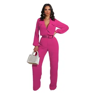 Women's Hot Pink Long Sleeve Button  Front Jumpsuit with Belt  Elegant Wide  Leg Romper for Party Cocktail  Evening Events