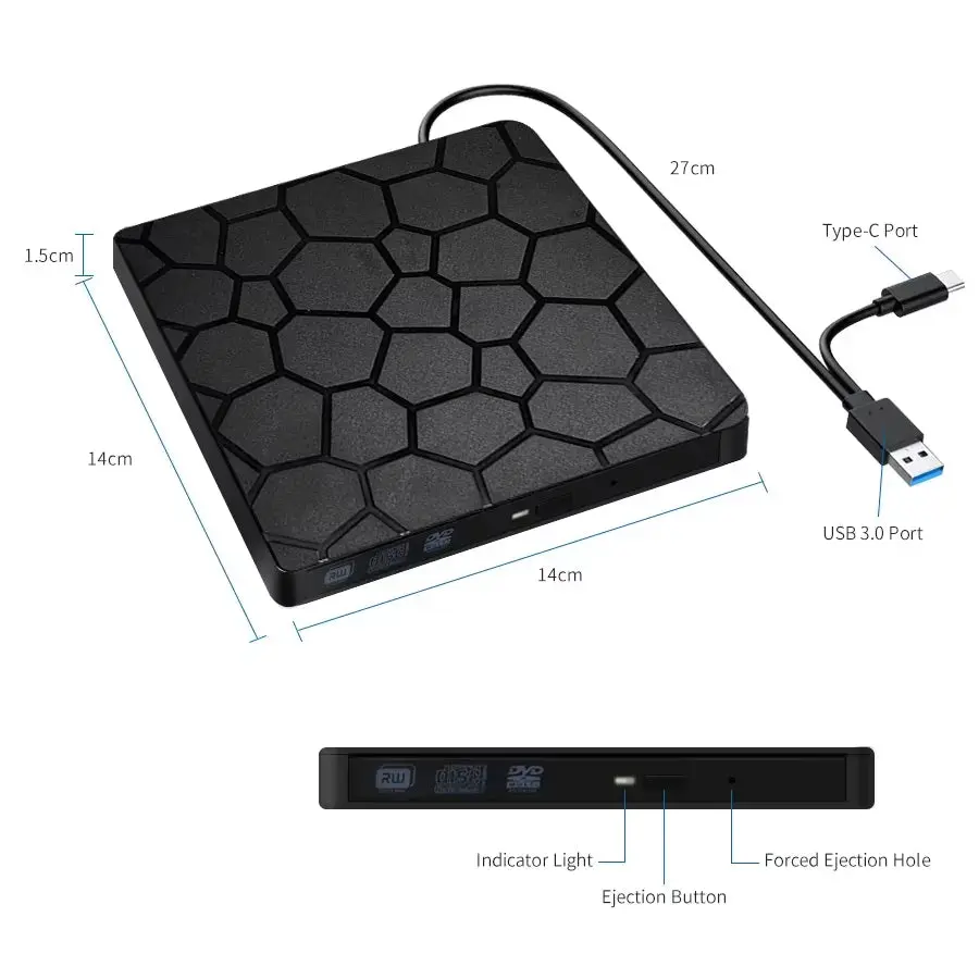 External DVD RW Drive USB 3.0 Type C 2 in 1 Interface Slim DVD CD Writer Burner Reader Player Optical Drive for Laptop PC