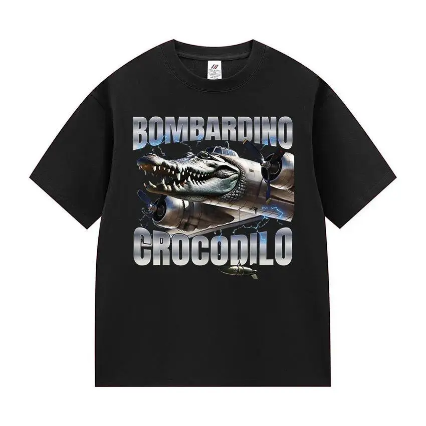 Classic Graphic T-Shirt with Bombardino Crocodilo Meme, Aesthetic Streetwear Top in 100% Cotton, Unisex Shortsleeve Fit for Menswear
