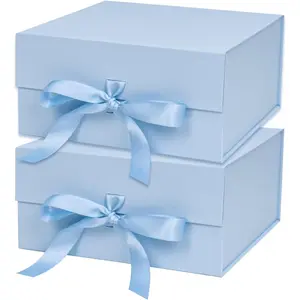 2 count Blue  Box with Satin Ribbon, 8x8x4 Inches Collapsible  Box with  Closure for Party, Wedding,  Wrap, Bridesmaid Proposal, Storage