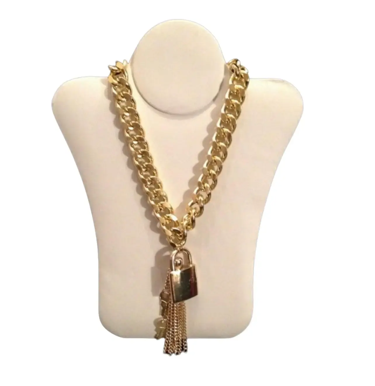 Lock & Key Tassel Link Costume Jewelry Necklace, Fashion Accessory