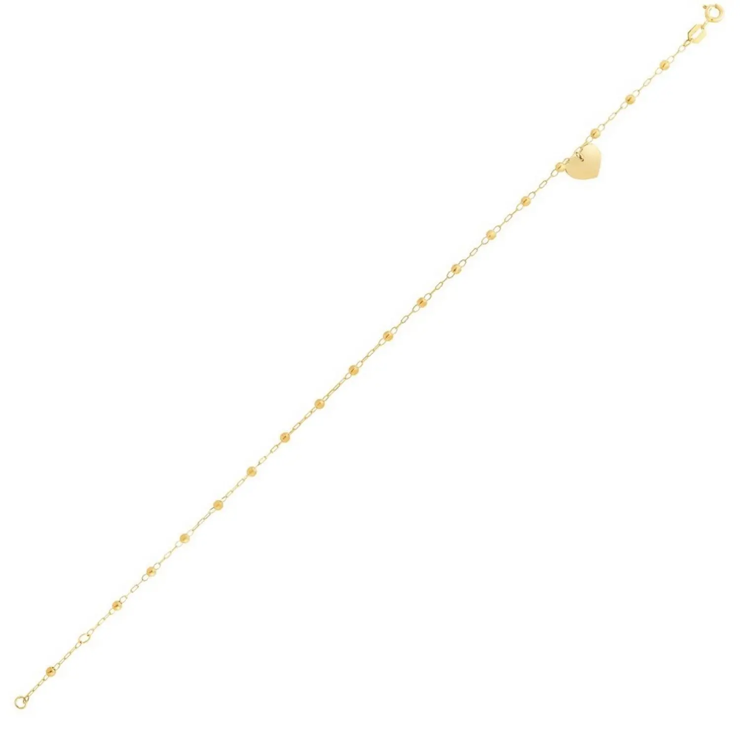 14K Yellow Gold Dangle Anklet with Heart, Bead Stations, Textured Beads, Spring Ring Clasp – Ideal for Daily Wear