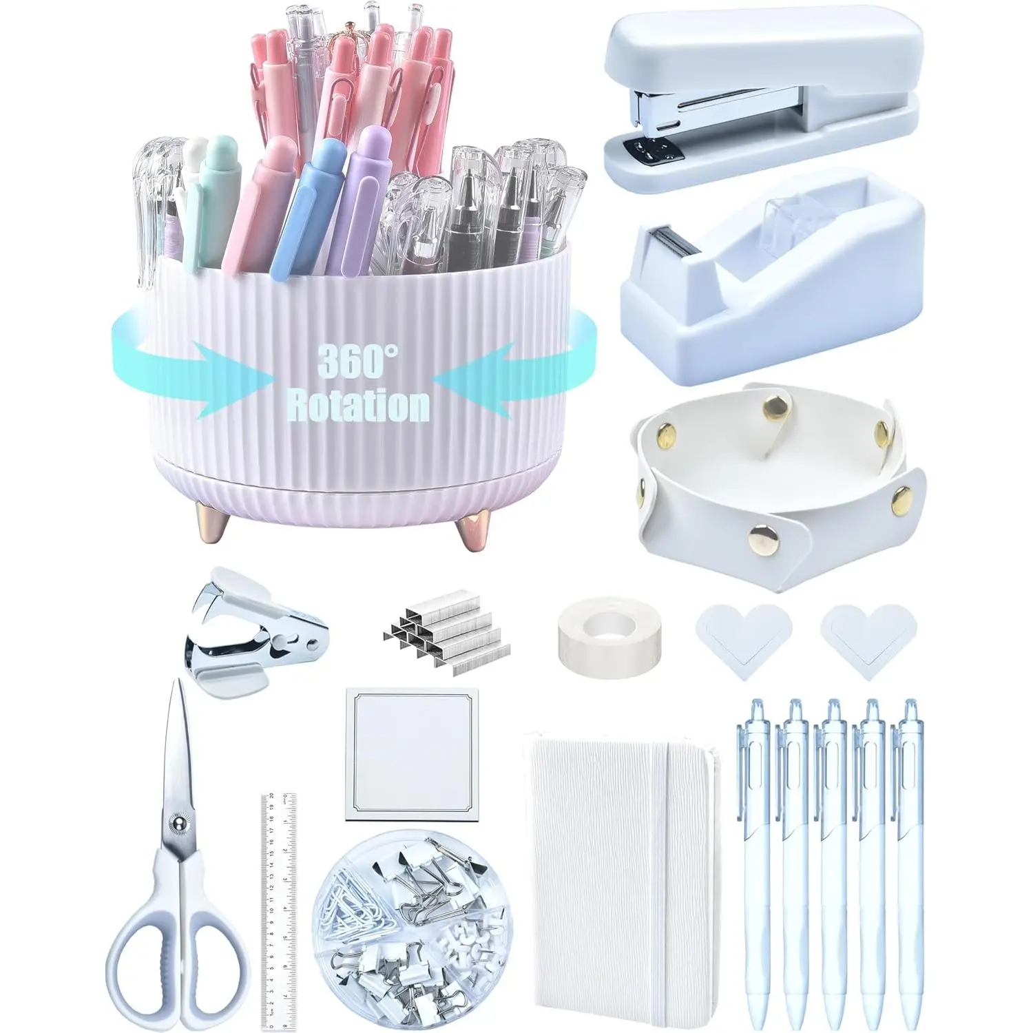 White Desk Accessories, Office Supplies 360°Pen Holder Desk Organizers, With Tape Dispenser, Stapler, Staple Remover, Ect, Infuse Your Space With Porcelain Serenity, Back to School
