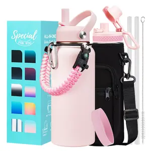32/40/64 OZ Water Bottle with Straw - Spout Lid, Kepp Cold-48H Hot-24H, Insulated Water Bottles with Strap Carrier Bag, Paracord Handle, Protective Boot, Leakproof Metal Hydro Water Flask