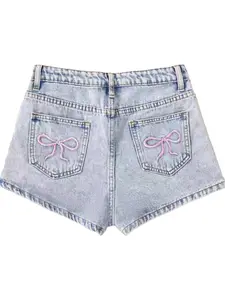 Girls 2026 New Y2K Style Pink Bow Washed Denim Above Knee Shorts Hot Sale For Spring Summer Back To School