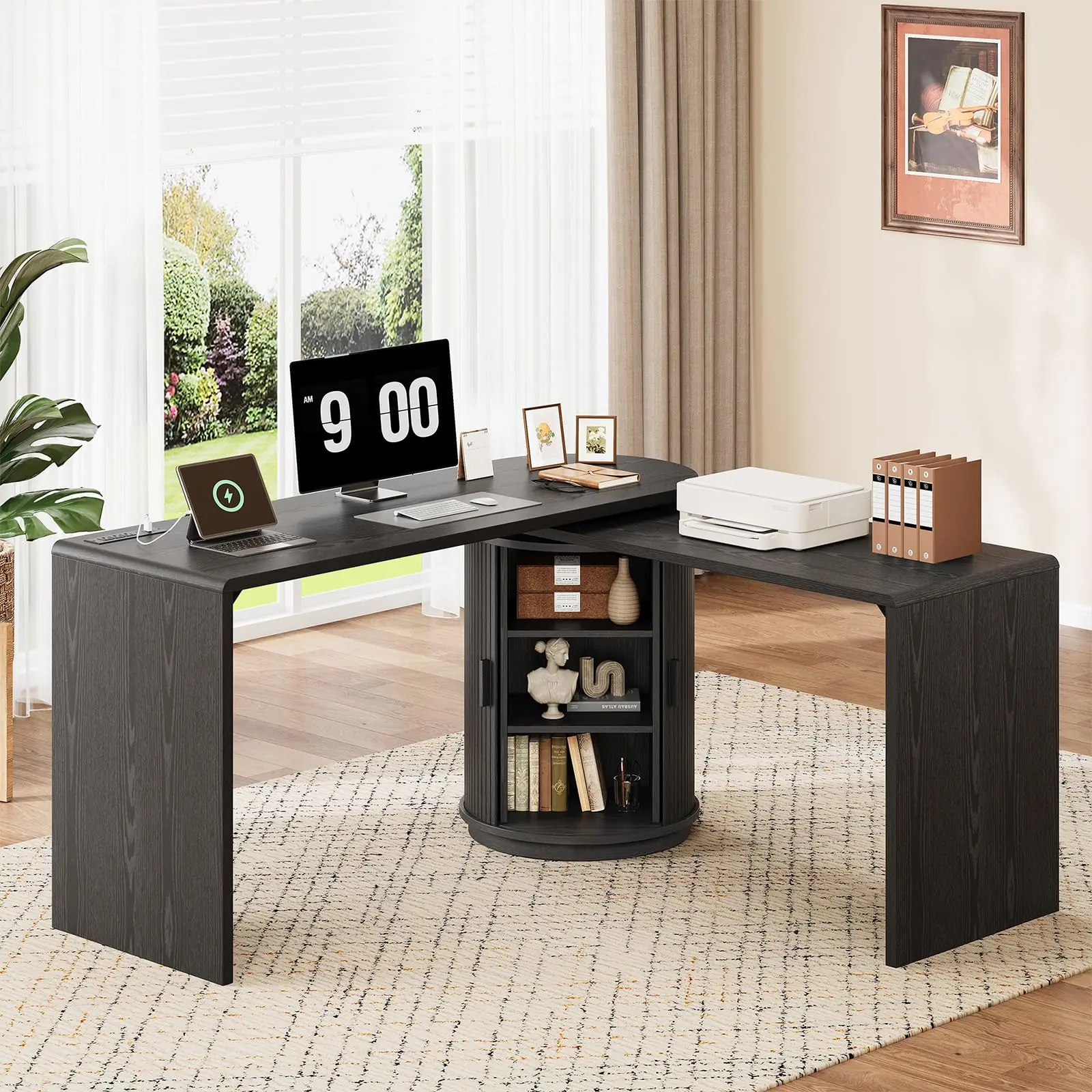 ONBRILL 60-Inch L-Shaped Tech-Integrated Computer Workstation with Power Outlets, 360° Rotatable Swivel Corner Desk with Storage, Fluted Home Office Table (Rotatable, Swivel Workstations), Rotatable Computer Workstations, Swivel Computer Workstations