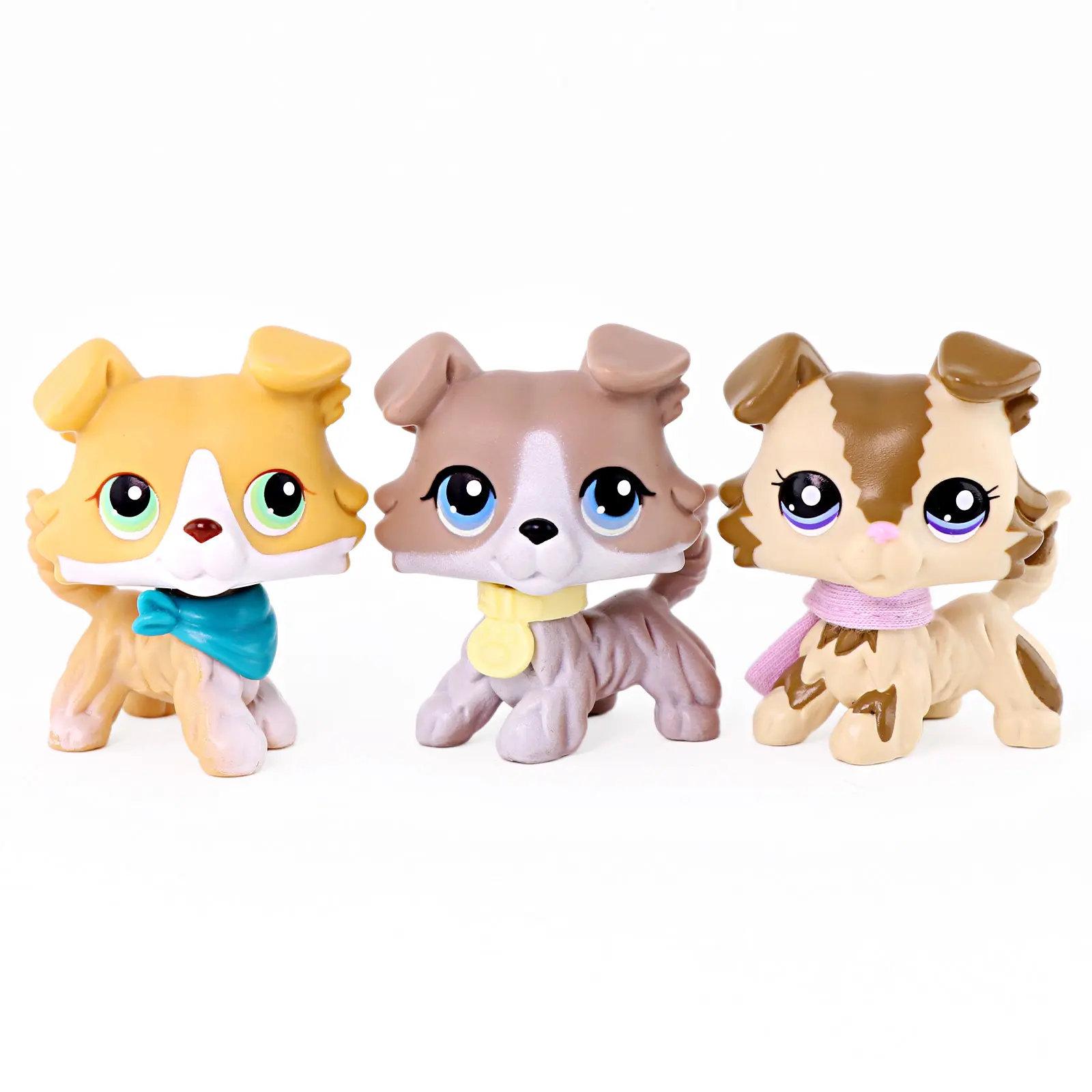 3 Pcs Mini Collie Dog Figurines Set, Cute Long Fur Puppy Plastic Dolls with Decorative Scarf & Tag Accessories, Collectible Animal Statues for Cake Topper, Pretend Play & Desktop Display