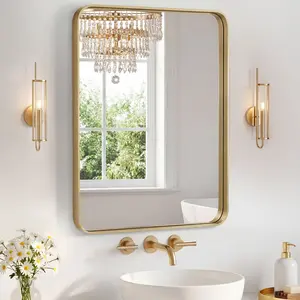 Bathroom Mirror Metal Framed Rounded Rectangle Vanity Mirror for Wall, Over Sink, Farmhouse, Restroom, Anti-Rust, Modern Decorative, Horizontal or Vertical Hanging