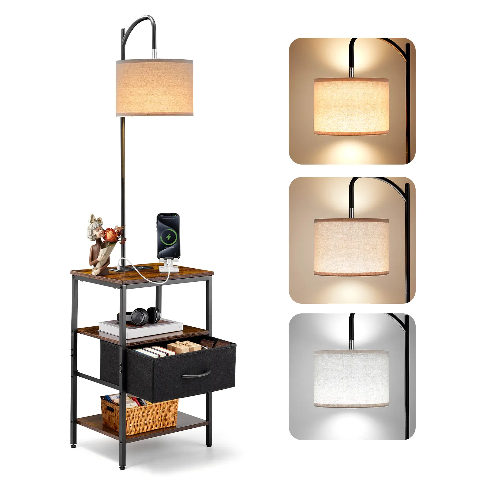 【SummerFinds】VEVOR Modern LED Nightstand - 3-Tier Floor Lamp End Table with Drawer, Storage, 3 Color Temperature Lighting, USB-C & AC Charging Station, Farmhouse Mix Style for Living Room Work Use, Bedside Cabinet Side Table