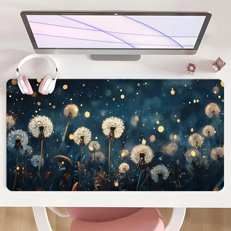 [Mouse Desk Pad] Non-Slip Mouse Pad Large Gaming Mouse Pad With Rubber Base & Stitched Edge Fantasy Dandelion Golden Night Design Desk Top Protector Mat For Home Office Christmas Gift