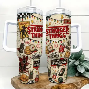 Stranger Things Upside Down 40oz Tumbler with Handle and Straw Retro Horror Doodle Style 304 Stainless Steel Insulated Travel Mug Keeps Cold 24H Hot 12H Large Capacity Coffee Water Cup for Fans Gym Car Office