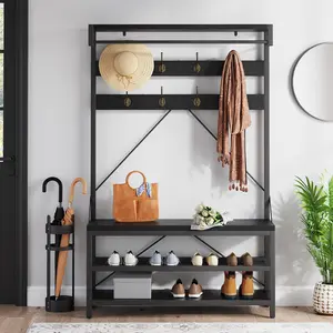 Industrial Hall Tree Storage Bench with Shoe Rack and 8 Hooks, Wood Look Accent Coat Rack for Entryway, Large Capacity with Hanging Bar and Storage Shelf