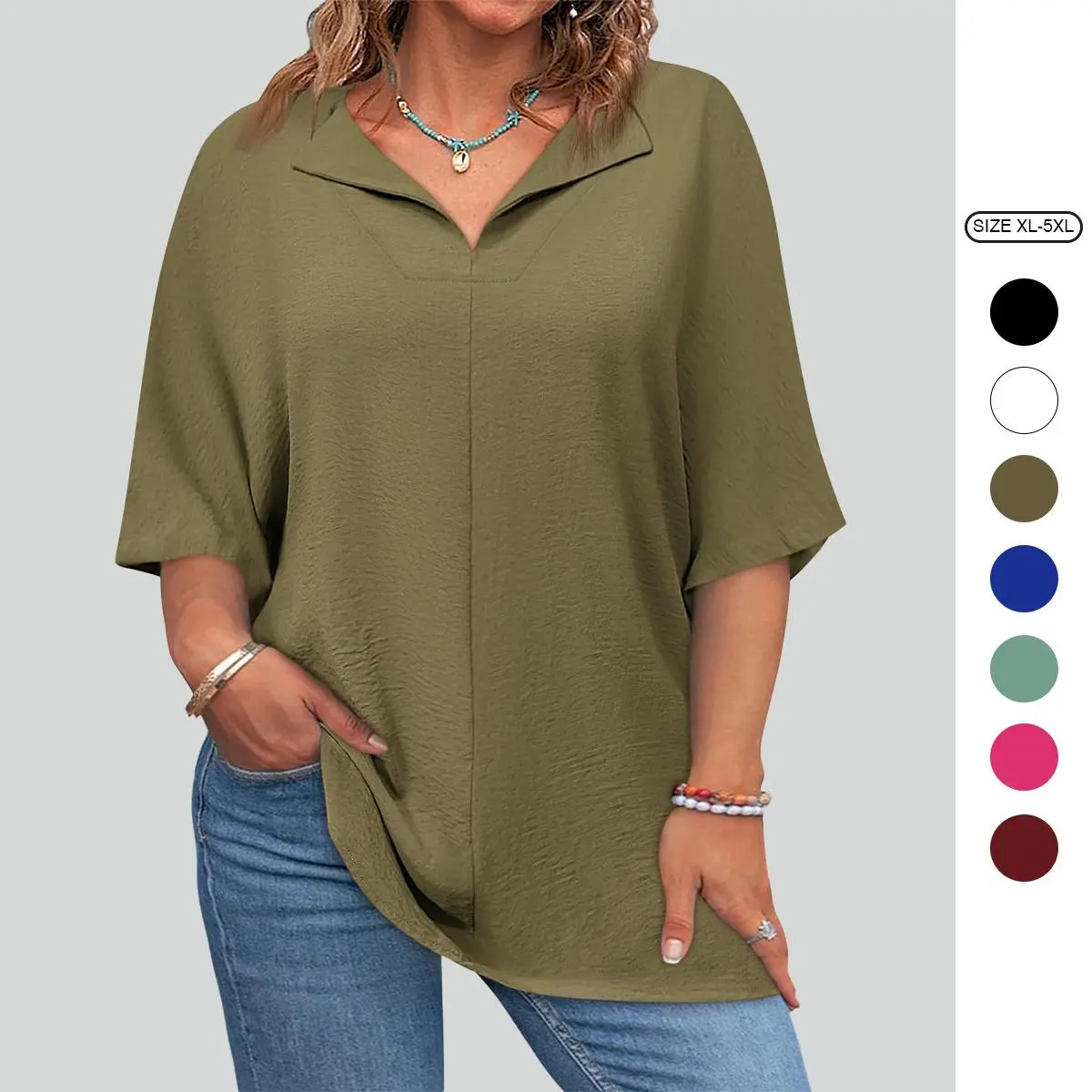 Imily Bela Women's Plus Size Casual V-Neck Blouse, Solid Polyester Tunic Top with Short Sleeves, Loose Fit Summer Maternity Wear, Maternityclothes