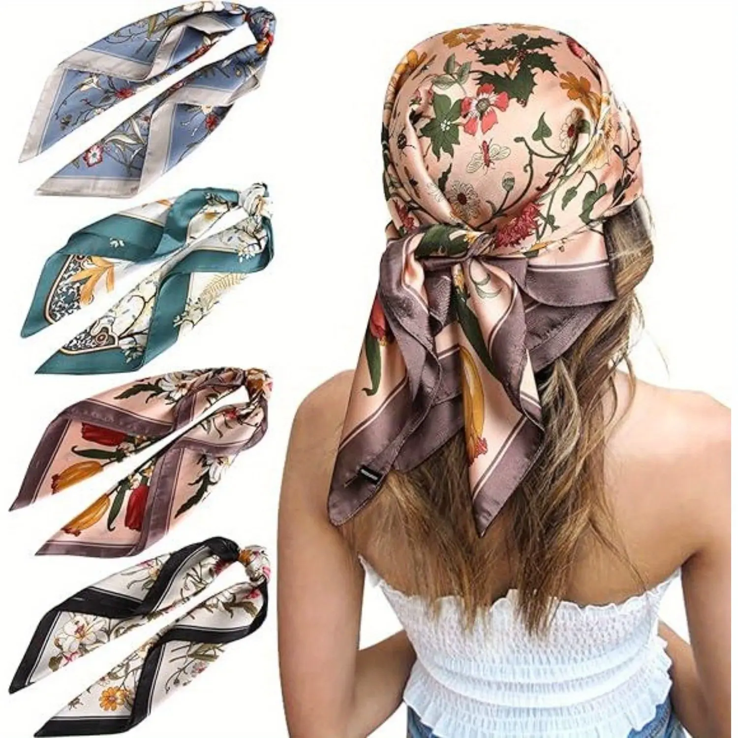 Women's 4-Pack Polyester Matching Head Scarf Set - Boho Chic Silk-Feeling Satin Bandana Neck, 27in (70*70cm) Square Headwraps, Elegant Neck Scarf Accessory for Wedding, Everyday Use, All-Season Hairwear