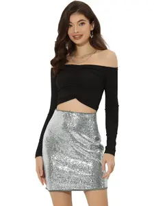 INSPIRE CHIC Women's Sequin Skirt Sparkle Stretchy Bodycon Party Mini Skirt Silver